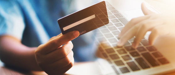 Pay by credit card, easy way to pay with modern technology in today's world. With the convenience of ordering products online, online shopping, concept - obrazy, fototapety, plakaty