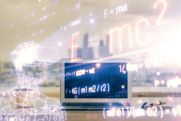 Desktop computer background and formula hologram writing. Double exposure. Education concept.