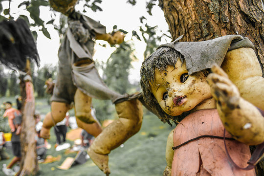 Creepy old dolls in the abandoned Island of the Dolls, Xochimilco, Mexico City