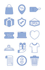 gift box and shopping icons set, blue outline style