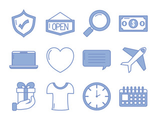 magnifying glass and shopping icon set, blue outline style