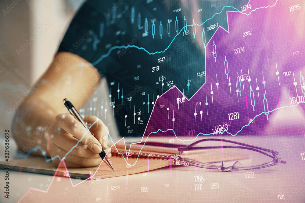 Poster Multi exposure of woman's hands making notes with forex graph hologram. Concept of technical analysis.