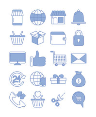 computer and shopping icons set, blue outline style