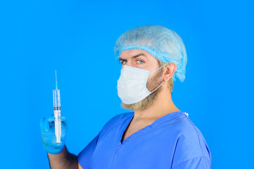 Vaccination. Doctor with syringe. Injection. Antibiotics. Doctor with syringe preparing for...