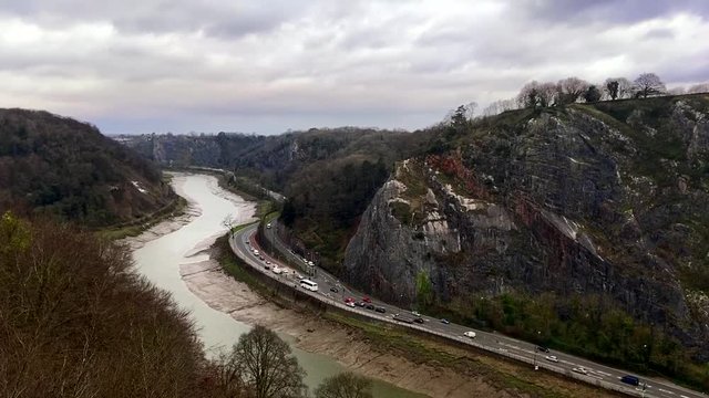 Heavy skies of Storm Brendan hanging over the impressive cliffs of the Avon Gorge, in Bristol, England