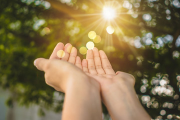 Woman hands place together like praying in front of nature background.