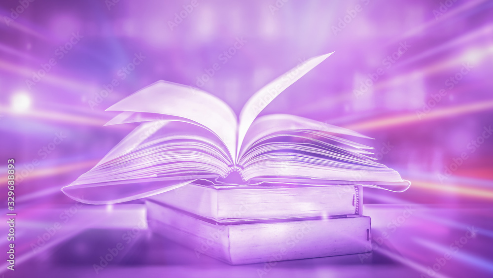 Poster stack of books in the library and blur bookshelf background
