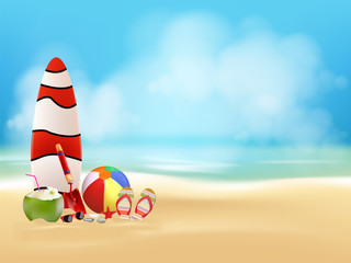 Summer season holiday on beach background, vector illustration.