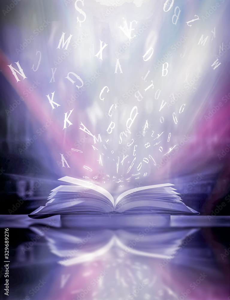 Poster imagine opening an old book blurred with magic power on the table and the english alphabet floating 
