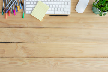 Desk top view, Wood table with office supplies , Office desktop workspace.