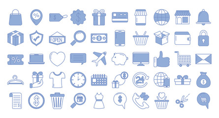 money and shopping icon collection, blue outline style