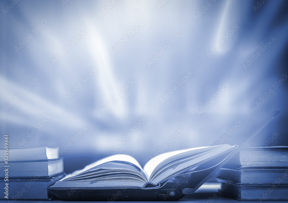 Poster stack of books in the library and blur bookshelf background