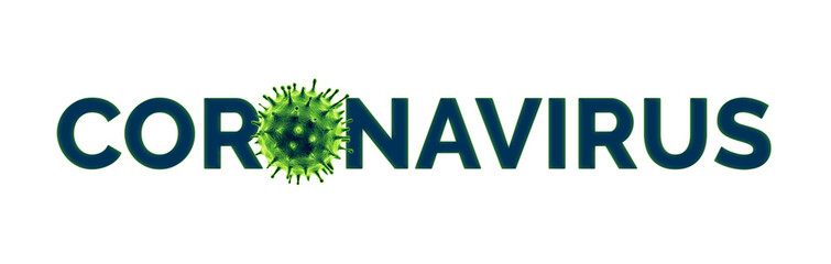 Coronavirus text with microscopic view of Novel Coronavirus (2019-nCoV). Panoramic and isolated.