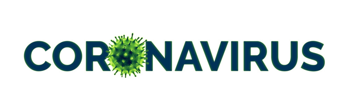 Coronavirus text with microscopic view of Novel Coronavirus (2019-nCoV). Panoramic and isolated.