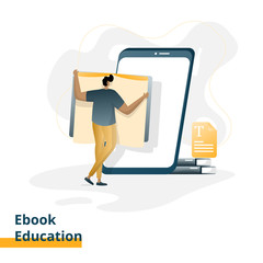 Landing page Ebook Education, the concept of men carrying books to smartphones, can be used for landing pages, web, UI, banners, templates, backgrounds, web development.