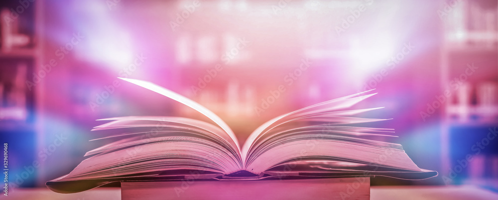 Poster stack of books in the library and blur bookshelf background