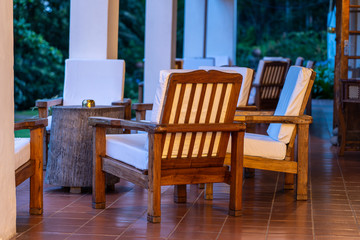 Comfortable chairs on the empty terrace in the evening, Tanzania, Africa