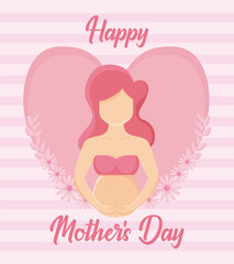 happy mothers day design with avatar pregnant woman over pink heart and pink striped background