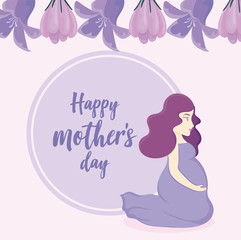Happy mothers day design with beautiful flowers and pregnant woman icon