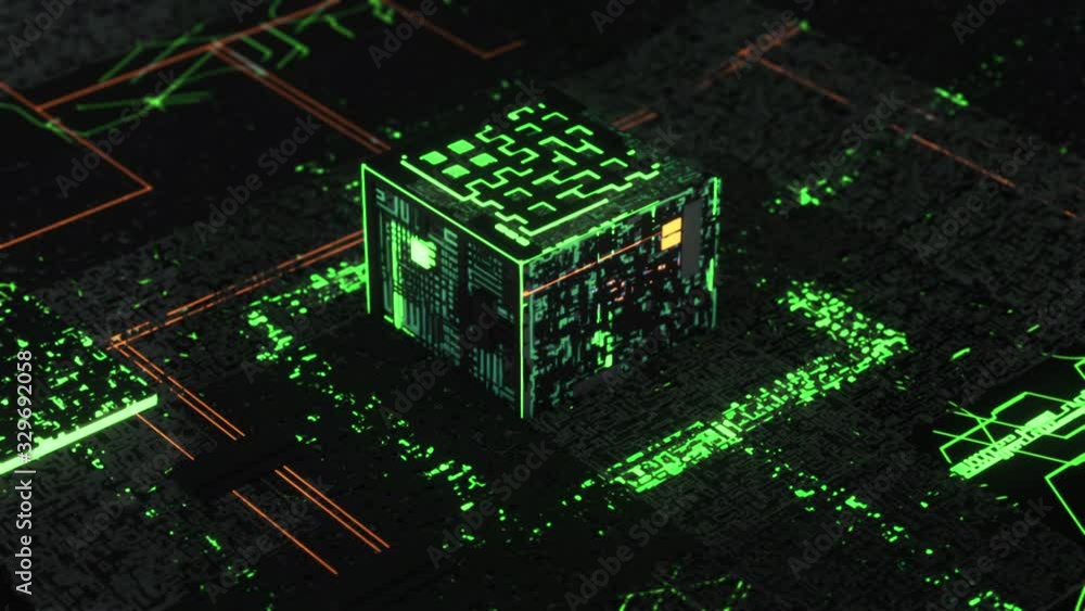 Poster processor or microchip and electronic signals on motherboard circuit, 3d motion graphics. animation.