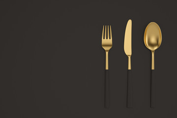 Luxury tableware Golden Set of knife fork and spoon on black background. 3D illustration.