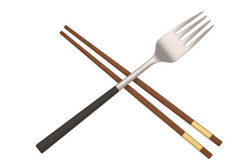 Chopsticks with fork isolated on white background. 3D illustration.