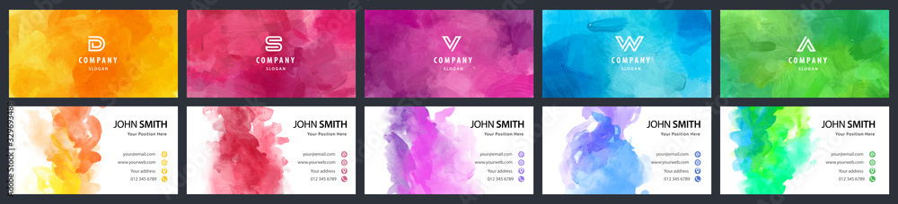 Canvas Prints big bundle set of bright colorful business card template with vector watercolor background