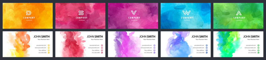 Big bundle set of bright colorful business card template with vector watercolor background