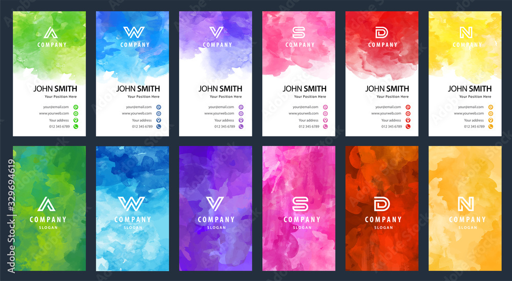 Canvas Prints big set of bright colorful business card vector vertical template with watercolor background