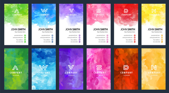 Big set of bright colorful business card vector vertical template with watercolor background