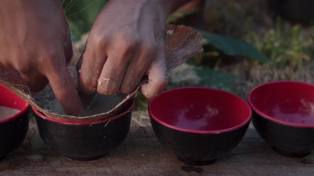 local young black man preparing kava juice drink at a tropical island of Vanuatu in the south pacific ocean during the afternoon by squeezing it to small cups