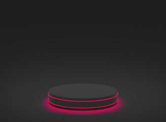 3d red neon light with black cylinder podium minimal studio black dark background. Abstract 3d geometric shape object illustration render. Display for technology and business game product.