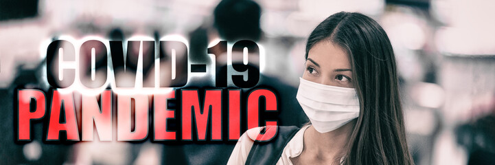 COVID-19 PANDEMIC coronavirus text on travel people tourists banner background. Header 2019 novel corona virus from Wuhan, China. Asian woman wearing surgical mask prevention crop walking in crowd.