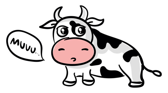 Sad Cow, Illustration, Vector On White Background.