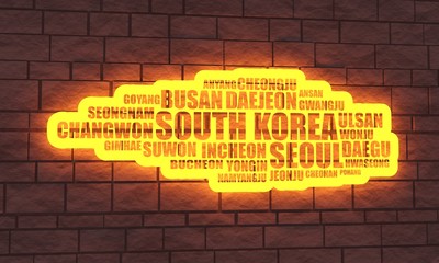 Fototapeta na wymiar List of cities and towns of South Korea. Word cloud collage. Business and travel concept background. 3D rendering. Neon bulb street sign illumination