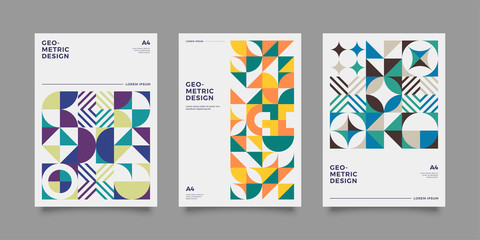 Fototapeta premium Colorful bauhaus geometric shapes in motion background set. Applicable for gift card,cover,poster. Poster design. Retro covers set.