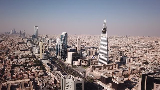 Aerial view of modern skyscrapers and office buildings in central Riyadh in Saudi Arabia