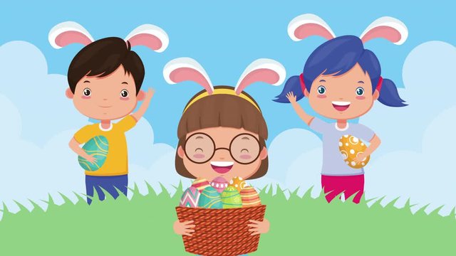 happy easter animated card with little kids and eggs painted