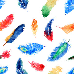 Watercolor summer seamless pattern with bright tropical feathers on white background