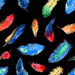 Watercolor summer seamless pattern with bright tropical feathers on black background