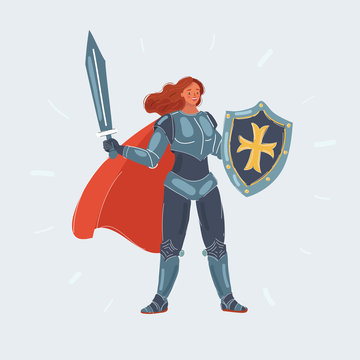recommend clip art: Knight woman with sword and shield in her hand on white