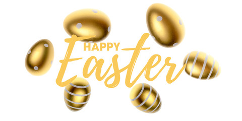 Happy Easter falling golden shine decorated eggs in shape frame isolated on white background. For greeting card, promotion, poster, flyer, web-banner, article