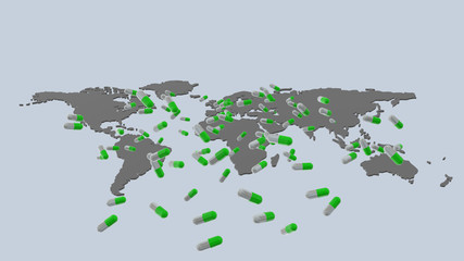3d rendering of Colorful medicine pills and drugs on world map