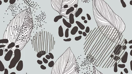 Poster Abstract seamless pattern, leaves and various line art ink drawing in black on light blue © momosama