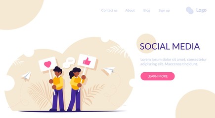 Social media concept. People stand with signs urging to put likes. Interacting with content on social media. Landing web page template.