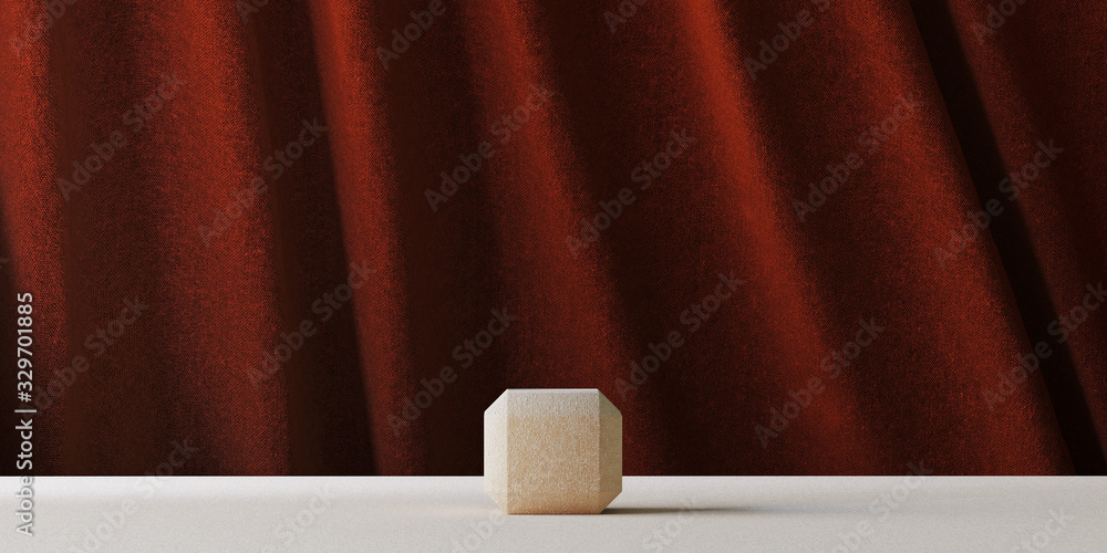 Poster minimal background for branding and product presentation. beige fabric podium and red fabric backgro