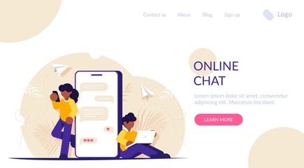 Online chat concept. People communicate on social media or messengers. Modern communication on the Internet. Immersion in virtual reality. Landing web page template.