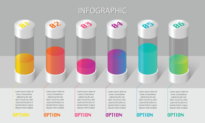Business infographic with 6  colourful test tubes and place for text on grey background
