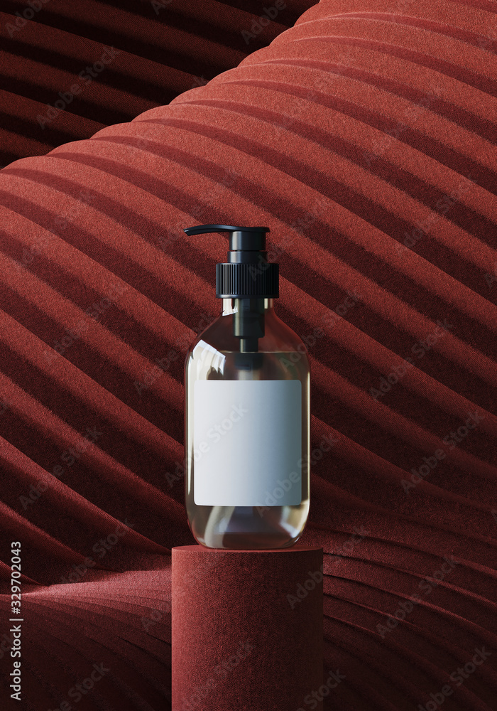 Poster abstract background for branding and minimal presentation.cosmetic bottle on red podium, on folding 