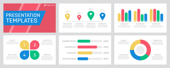 Set of yellow and blue, red, green elements for multipurpose presentation template slides with graphs and charts.